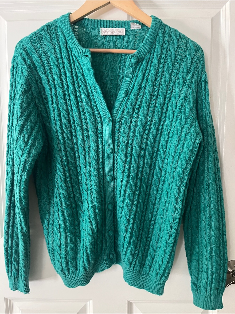 Northern Isles‎ Teal VTG Cable Knit grandma Cardigan - Size medium preppy, cozy